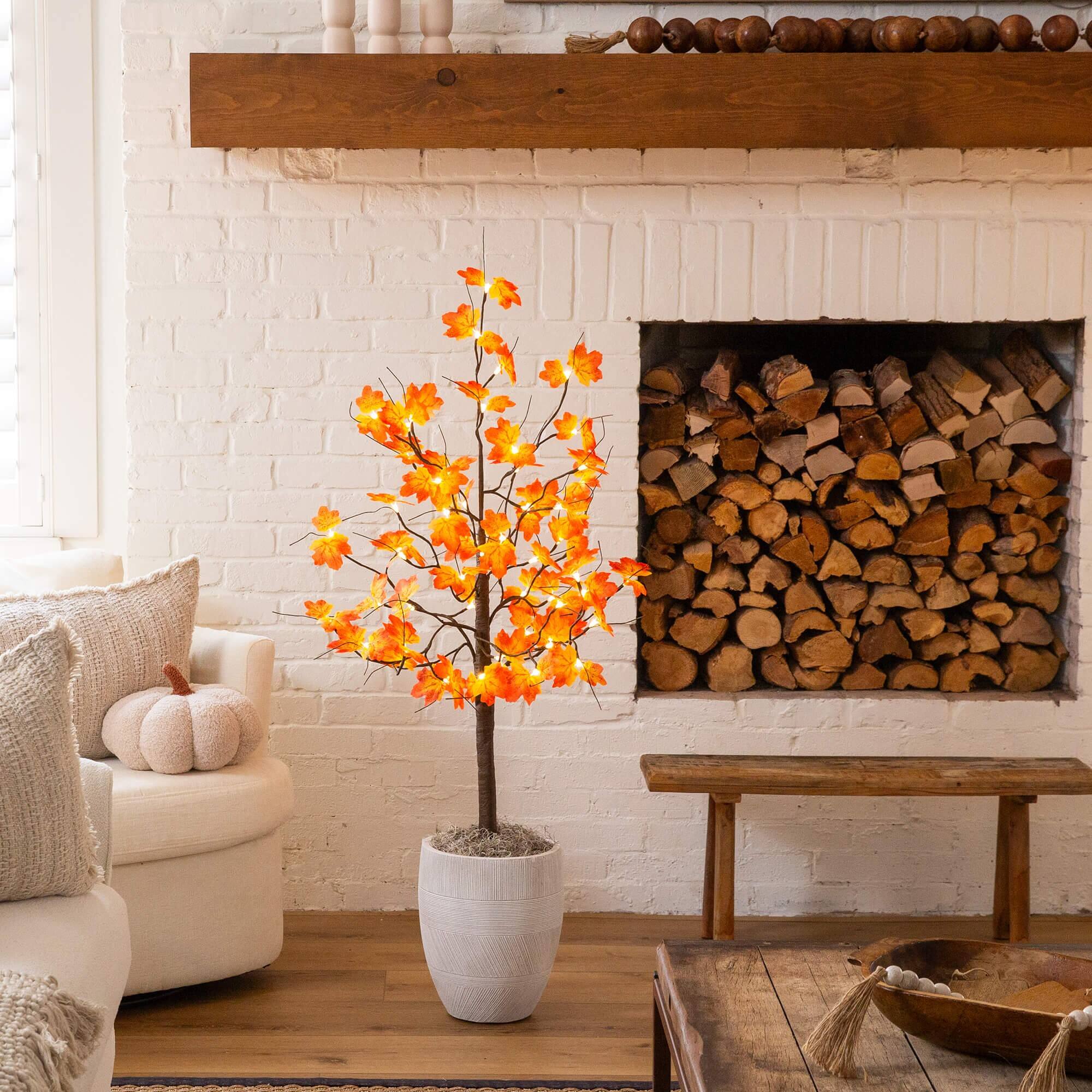 4ft. Pre-Lit Minimalist Autumn Maple Artificial Fall Tree with 56 Warm White LED Lights